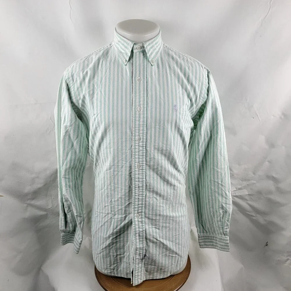 Ralph Lauren Men's Light Green and White Striped Button-Down Shirt